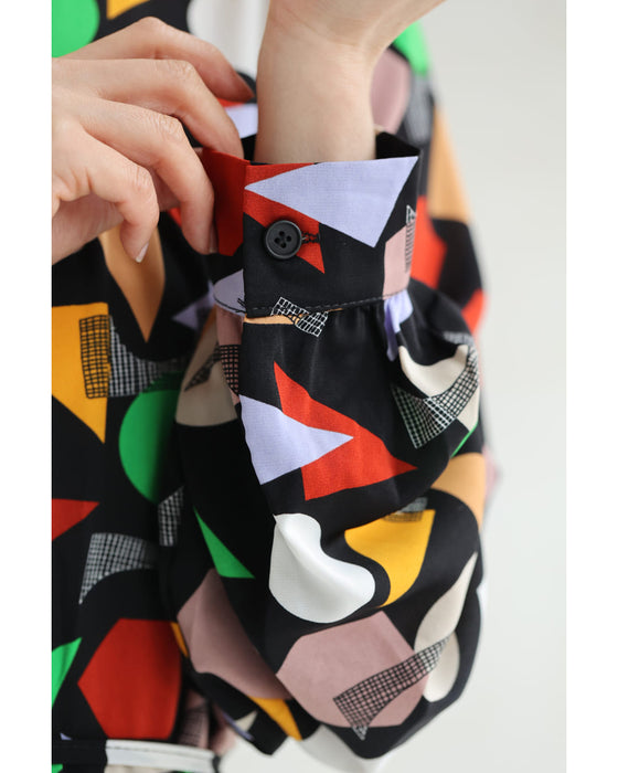 レトロポップな図形柄Aラインロングワンピース(リボン付き)