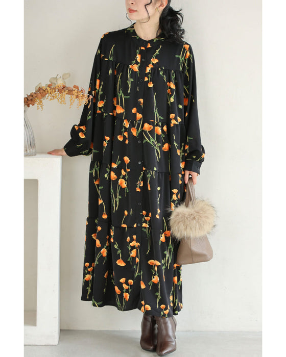 夕陽色に染まる花柄ロングワンピース（紐付き）