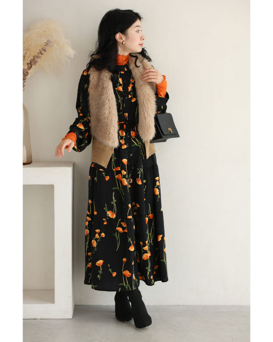 夕陽色に染まる花柄ロングワンピース（紐付き）