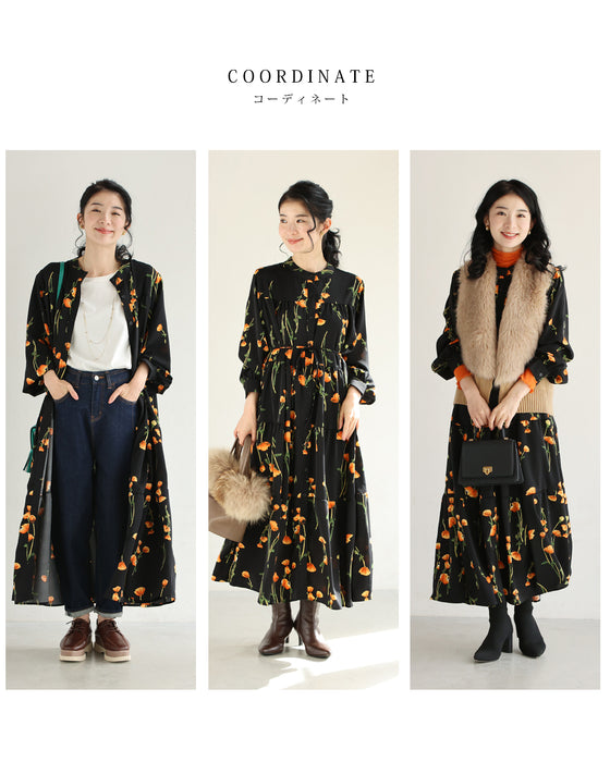 夕陽色に染まる花柄ロングワンピース（紐付き）