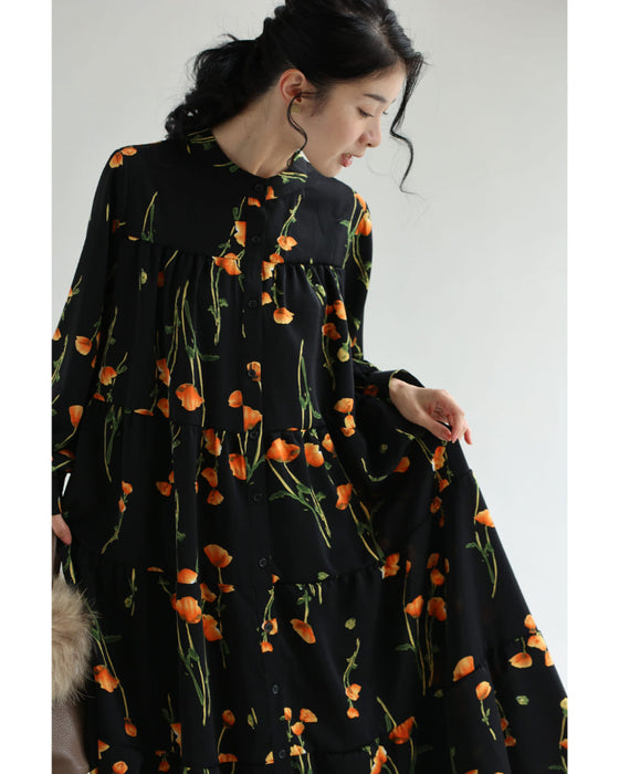 夕陽色に染まる花柄ロングワンピース（紐付き）