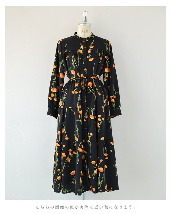 夕陽色に染まる花柄ロングワンピース（紐付き）