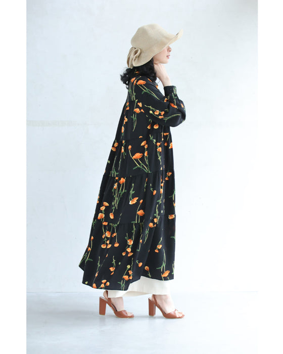 夕陽色に染まる花柄ロングワンピース（紐付き）