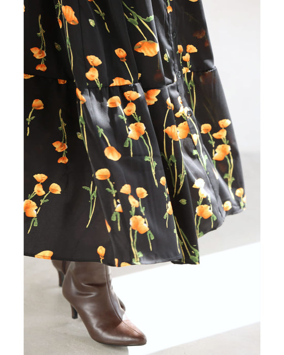 夕陽色に染まる花柄ロングワンピース（紐付き）