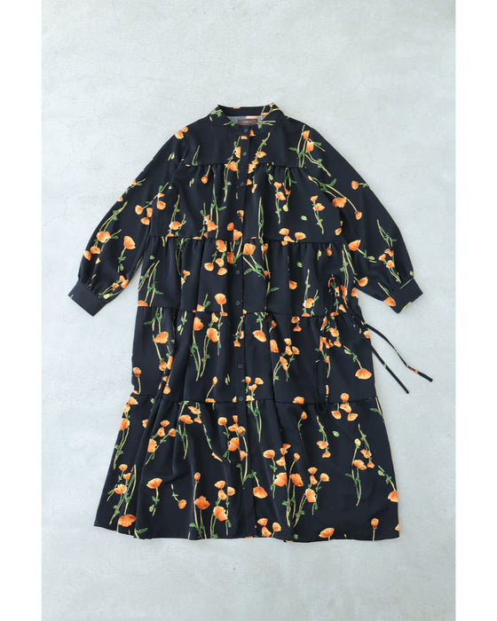 夕陽色に染まる花柄ロングワンピース（紐付き）