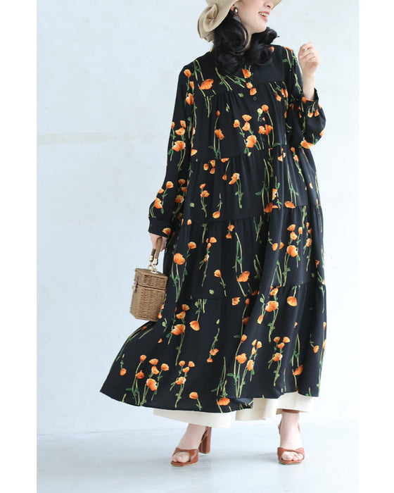 夕陽色に染まる花柄ロングワンピース（紐付き）