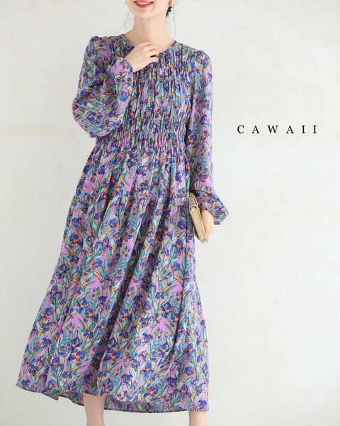 再入荷9月5日 鮮やかに描いた花のシャーリングミディアムワンピース cawaii w61155ps S~3L対応 長袖 クルーネック 花柄 パープル オシャレ 個性的 大人可愛い エレガント 上品 秋服 秋物 春服 春物 レディース ファッション ミセス 30代 40代 50代 鮮やかに描いた花のシャーリングミディアムワンピース – ONE PEACE ONLINE