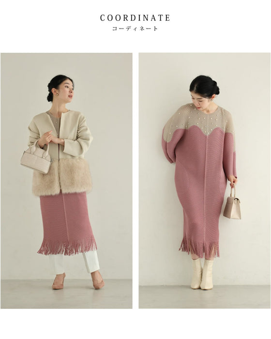 裾に揺れるフリンジの波うつバイカラーミディアムワンピース