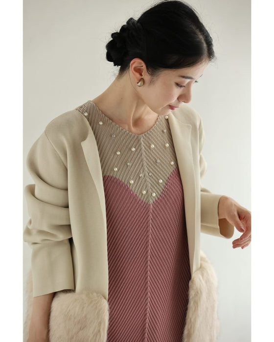 裾に揺れるフリンジの波うつバイカラーミディアムワンピース