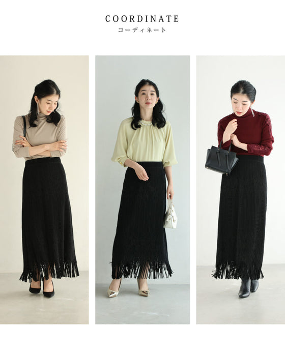 模様が浮かぶフリンジ裾Iラインミディアムスカート