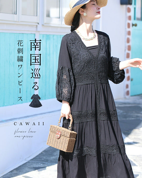 南国巡る 花刺繍ワンピース