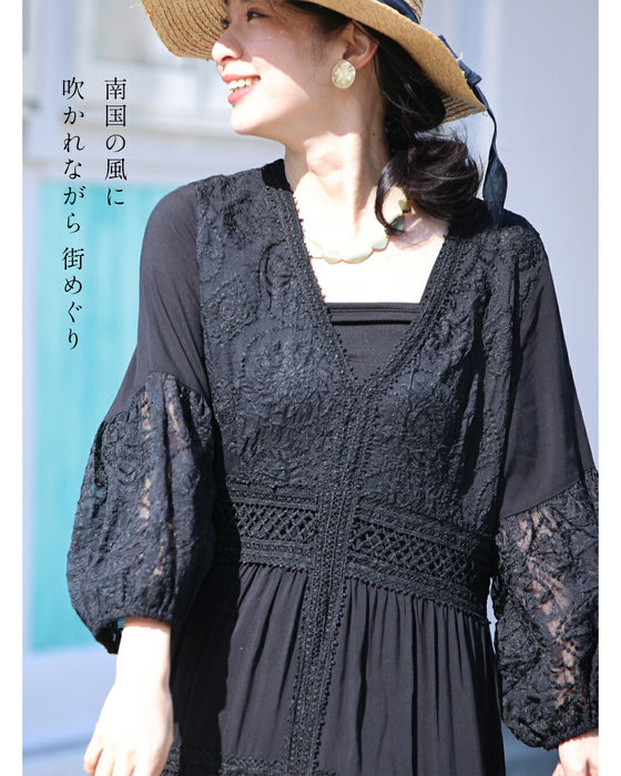 南国巡る 花刺繍ワンピース