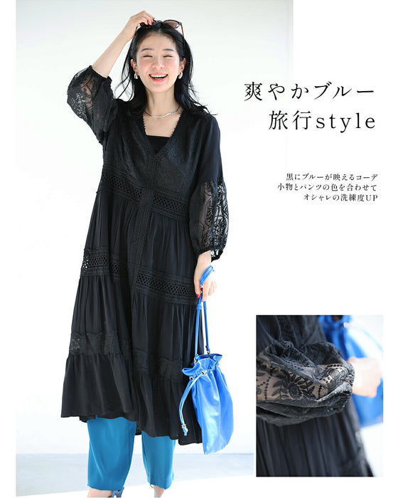 黒なのに重く見えない 透け袖レースワンピ