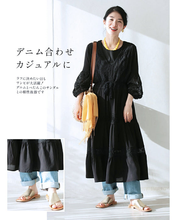 黒なのに重く見えない 透け袖レースワンピ