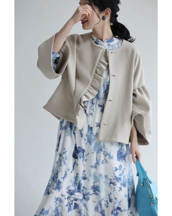 庭園の風景を描いたトワルドジュイ柄ミディアムワンピース