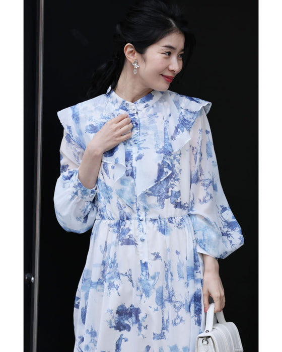 庭園の風景を描いたトワルドジュイ柄ミディアムワンピース