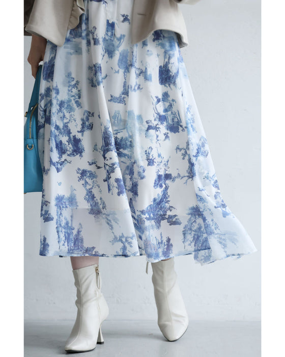 庭園の風景を描いたトワルドジュイ柄ミディアムワンピース