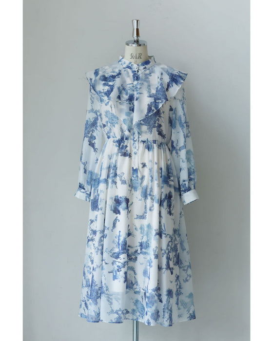 庭園の風景を描いたトワルドジュイ柄ミディアムワンピース