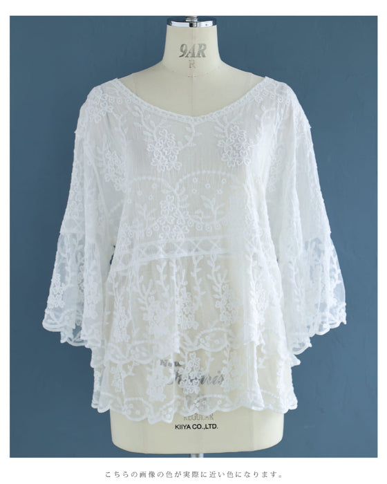 ふんわり柔らかなシアーベールの刺繍ブラウストップス