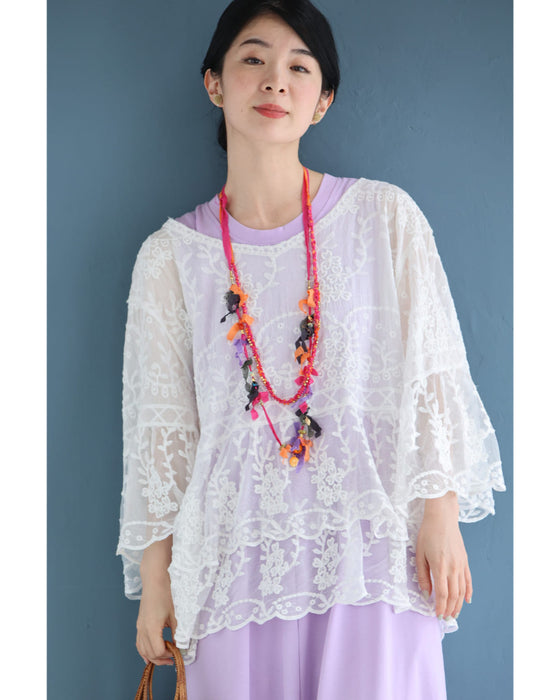 ふんわり柔らかなシアーベールの刺繍ブラウストップス