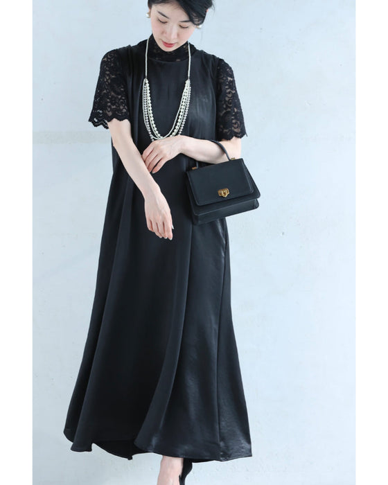 バックタックのラグジュアリーな光沢ロングワンピース