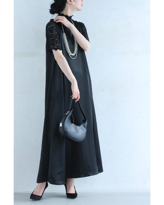 バックタックのラグジュアリーな光沢ロングワンピース