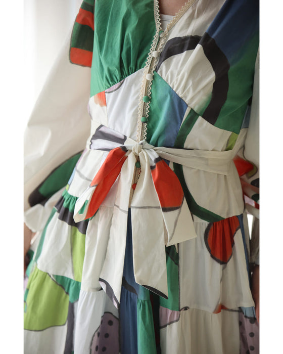 アートなテキスタイルのウエストリボンロングワンピース