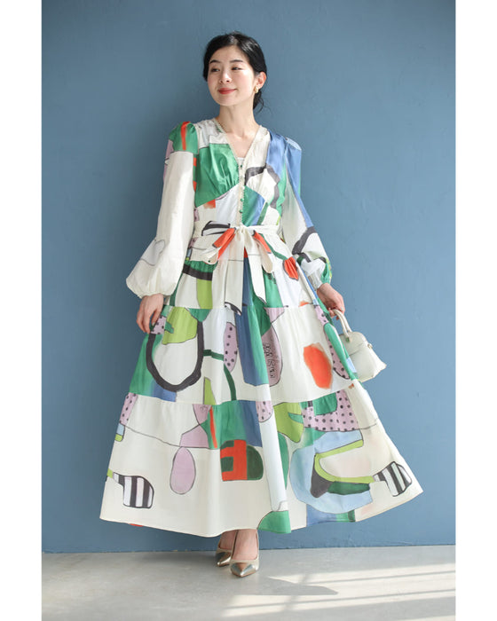 アートなテキスタイルのウエストリボンロングワンピース