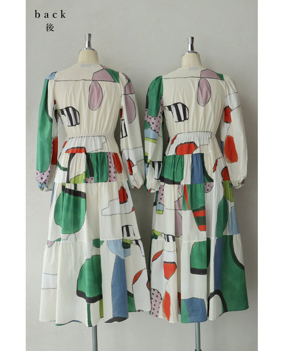 アートなテキスタイルのウエストリボンロングワンピース