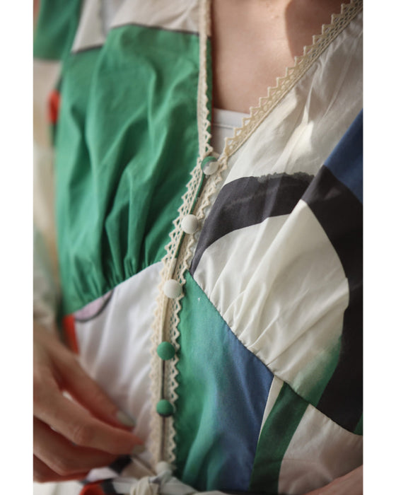 アートなテキスタイルのウエストリボンロングワンピース