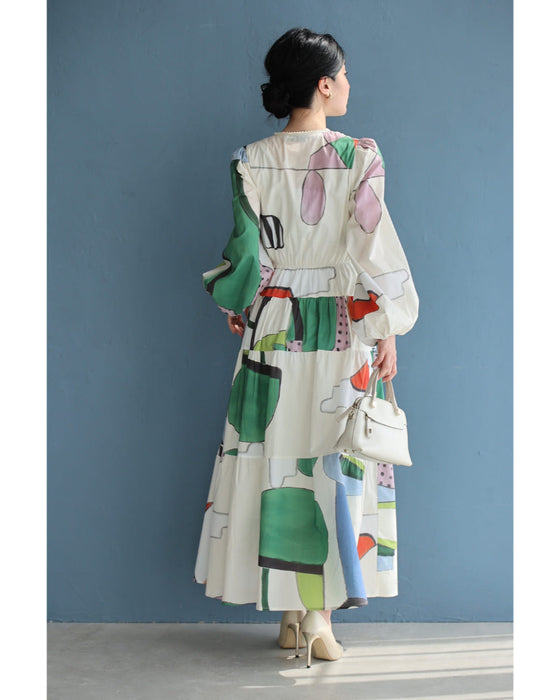 アートなテキスタイルのウエストリボンロングワンピース