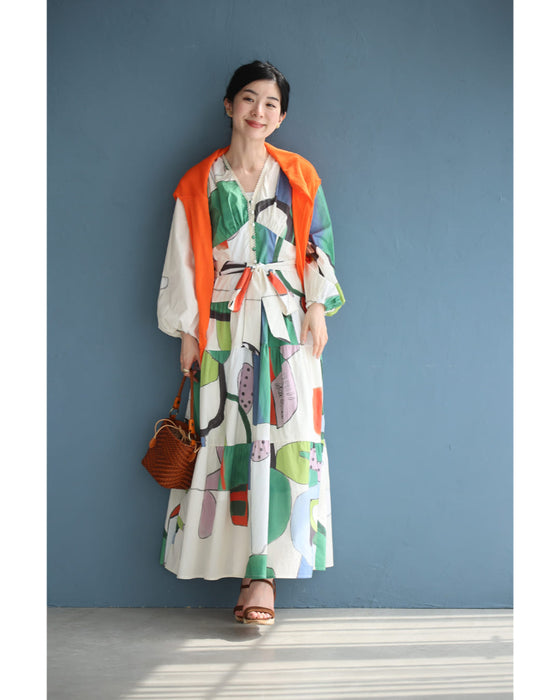 アートなテキスタイルのウエストリボンロングワンピース