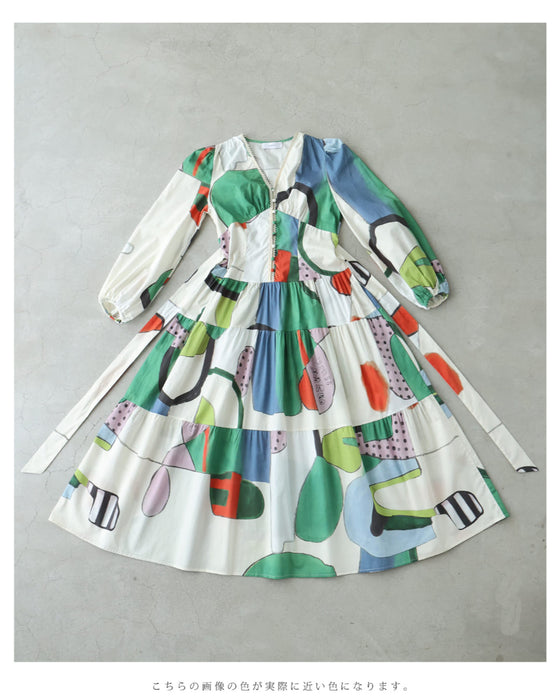 アートなテキスタイルのウエストリボンロングワンピース