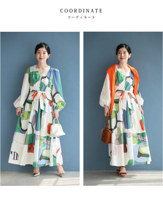 アートなテキスタイルのウエストリボンロングワンピース