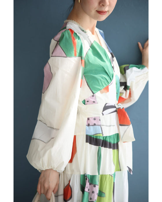 アートなテキスタイルのウエストリボンロングワンピース