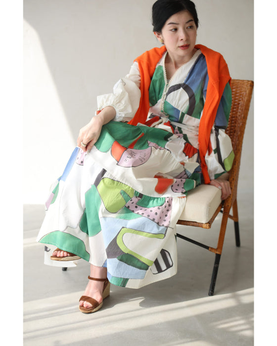 アートなテキスタイルのウエストリボンロングワンピース