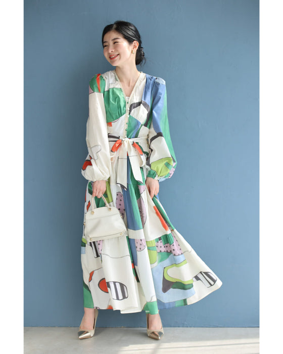 アートなテキスタイルのウエストリボンロングワンピース