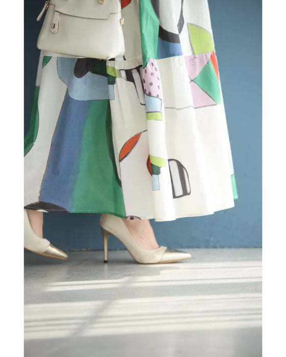 アートなテキスタイルのウエストリボンロングワンピース