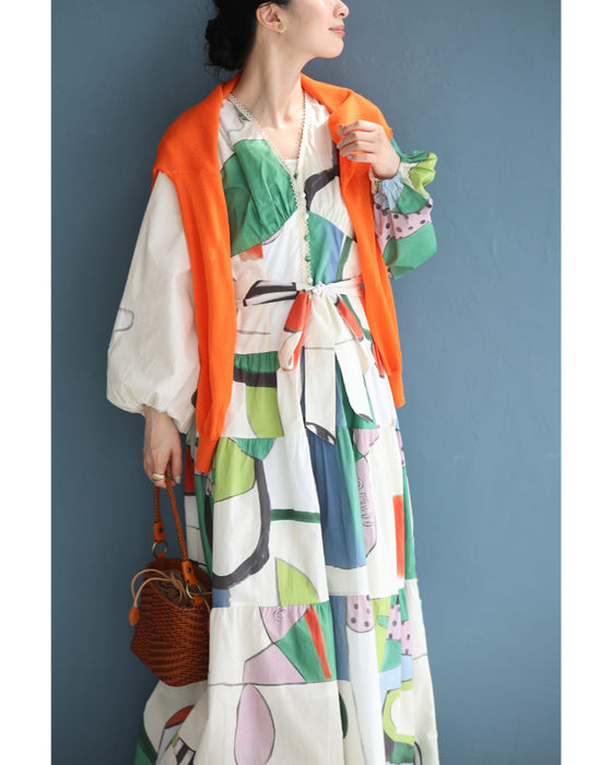 アートなテキスタイルのウエストリボンロングワンピース