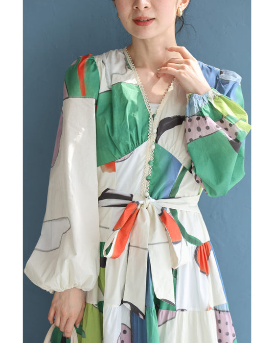 アートなテキスタイルのウエストリボンロングワンピース