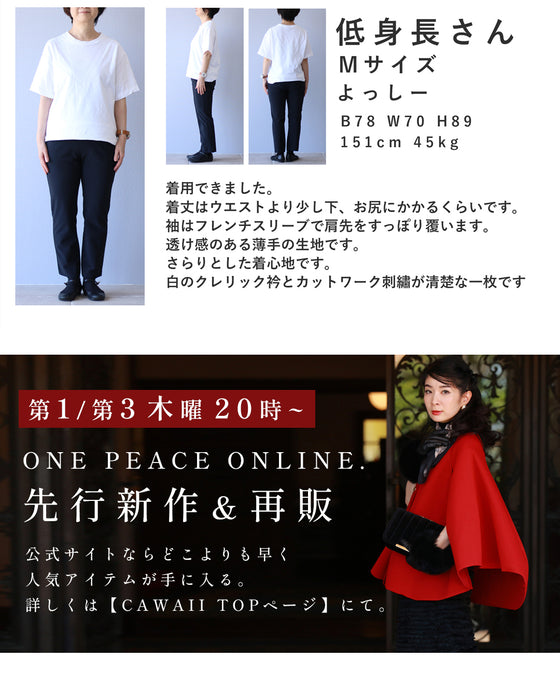 パールを添えた白襟のパンチングレースシャツトップス