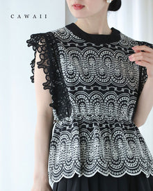  美しい装飾刺繍のペプラムカットソートップス