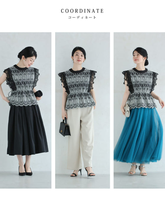 美しい装飾刺繍のペプラムカットソートップス