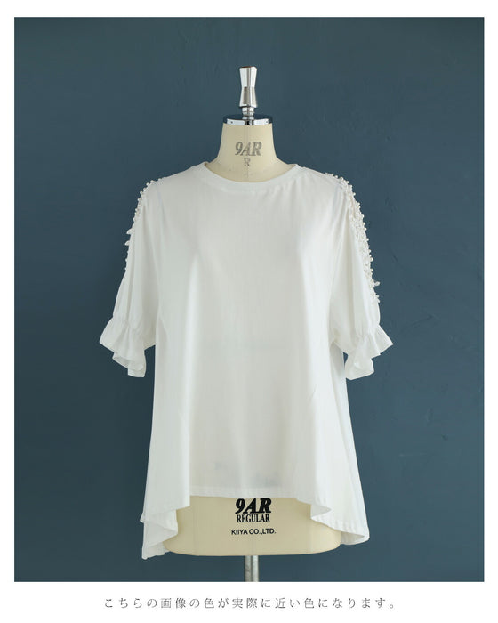 パールの実がなる小窓レース袖のフレアラインカットソートップス