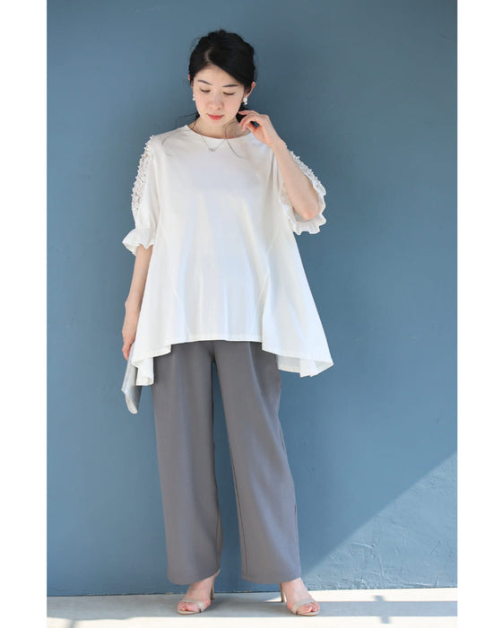 パールの実がなる小窓レース袖のフレアラインカットソートップス