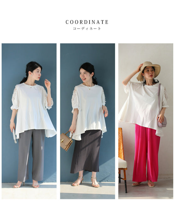 パールの実がなる小窓レース袖のフレアラインカットソートップス