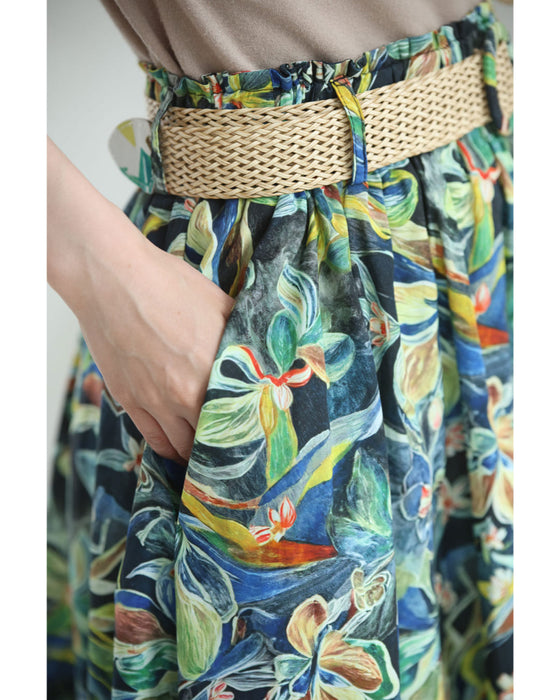 色彩豊かに描くボタニカル柄ミディアムスカート(ベルト付き)