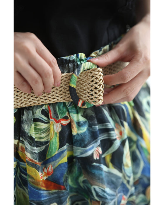 色彩豊かに描くボタニカル柄ミディアムスカート(ベルト付き)