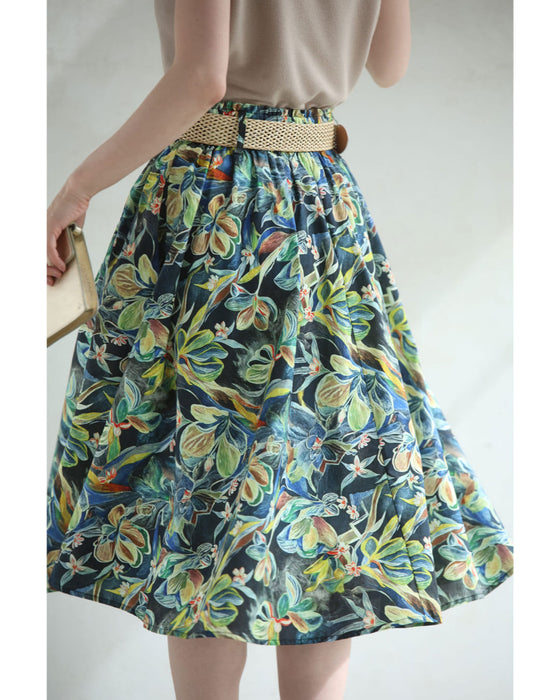 色彩豊かに描くボタニカル柄ミディアムスカート(ベルト付き)