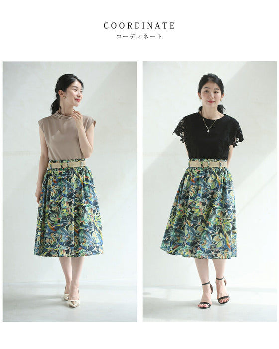 色彩豊かに描くボタニカル柄ミディアムスカート(ベルト付き)